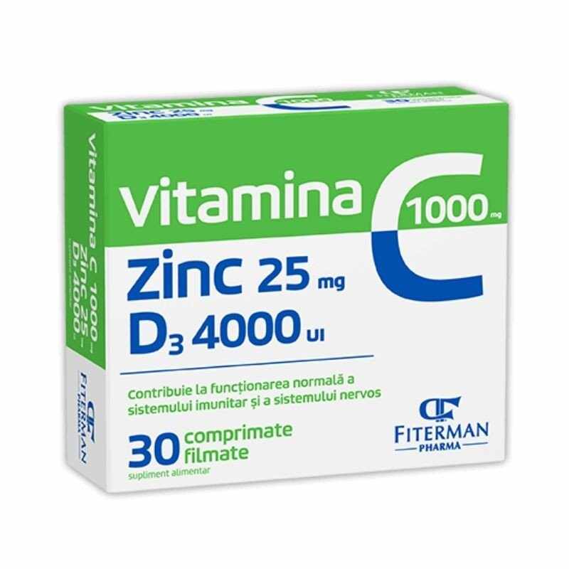 FITERMAN Vitamina C 1000 + Zinc 25 + D3 4000, 30 comprimate