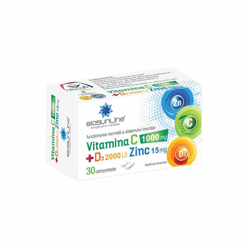 BioSunLine Vitamina C 1000 mg cu D3 2000 UI si Zinc 15 mg, 30 comprimate