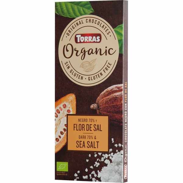 Ciocolata neagra cu sare de mare fara zahar si gluten 70% cacao Organic, 100g, Torras