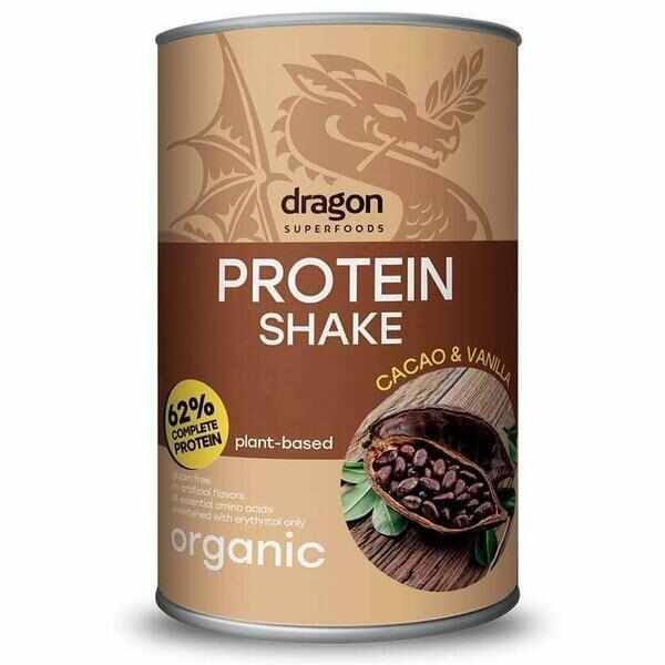 Shake proteic cacao si vanilie 62% proteine bio, 500g, Dragon Superfoods