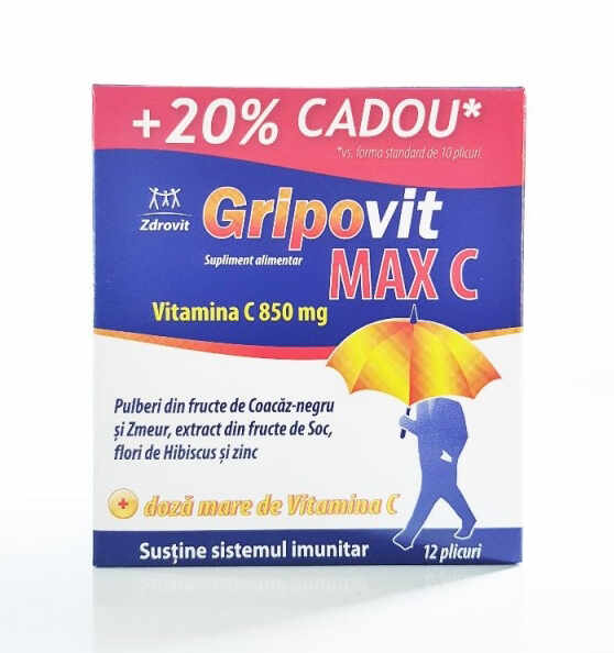 Zdrovit Gripovit Max C împotriva răcelii și gripei, 10 plicuri + 20% CADOU