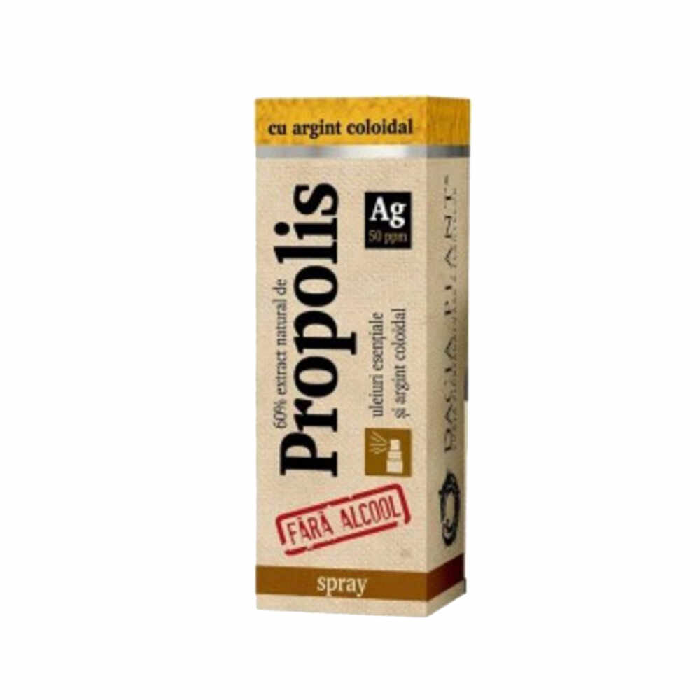 Spray de gât cu Propolis (60%) și Argint Coloidal Făra Alcool, Dacia Plant, 20 ml
