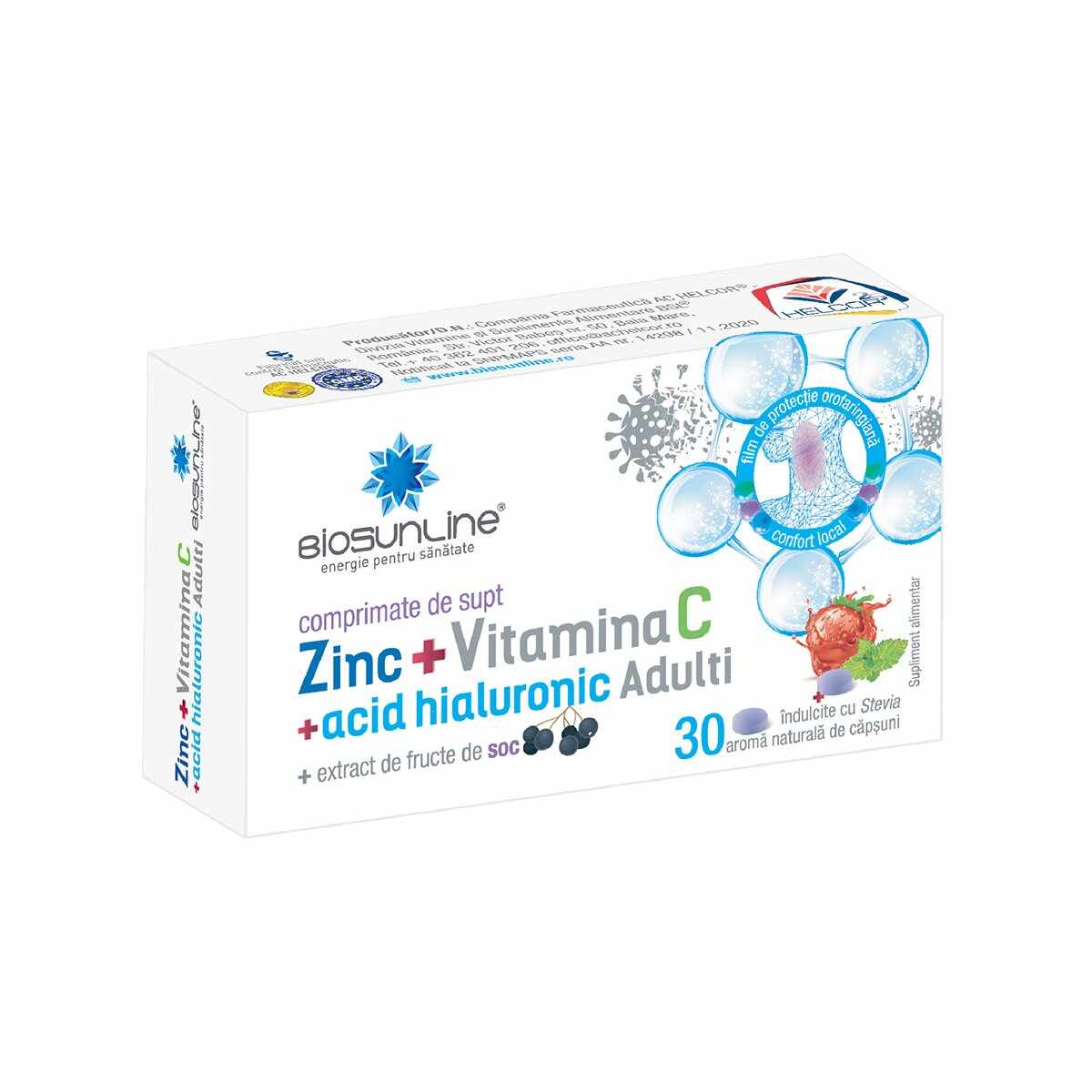 Zinc + Vitamina C si Acid Hialuronic Adulti, BioSunLine, 30 comprimate