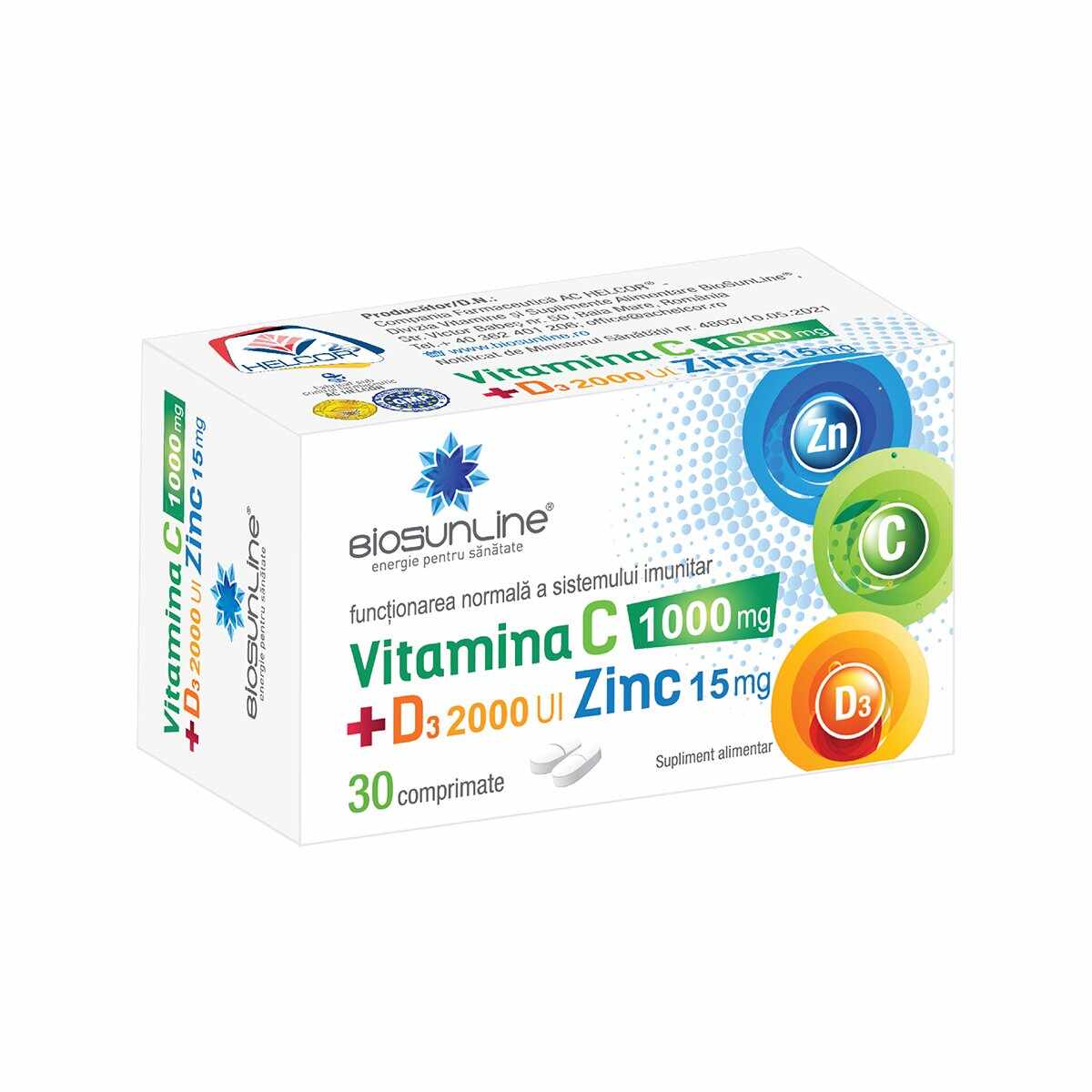BioSunLine Vitamina C 1000 mg + D3 2000 UI + Zinc 15 mg 30 comprimate