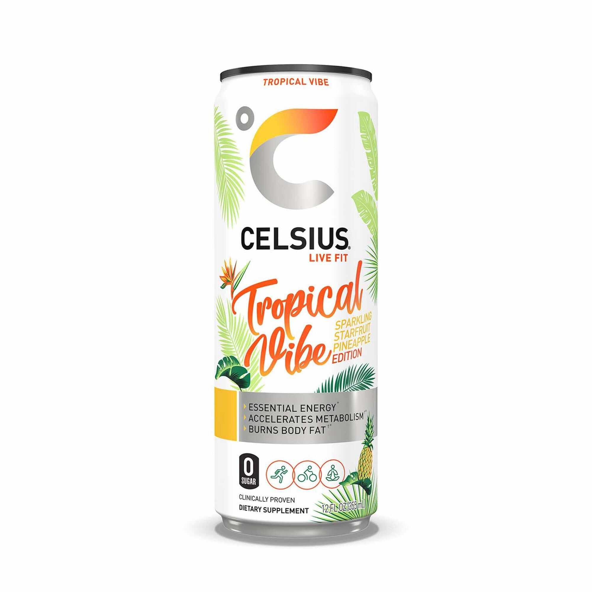 GNC Celsius? Energy Drink, Bautura Energizanta Carbogazoasa cu Aroma Tropicala si Ananas, 355 ml