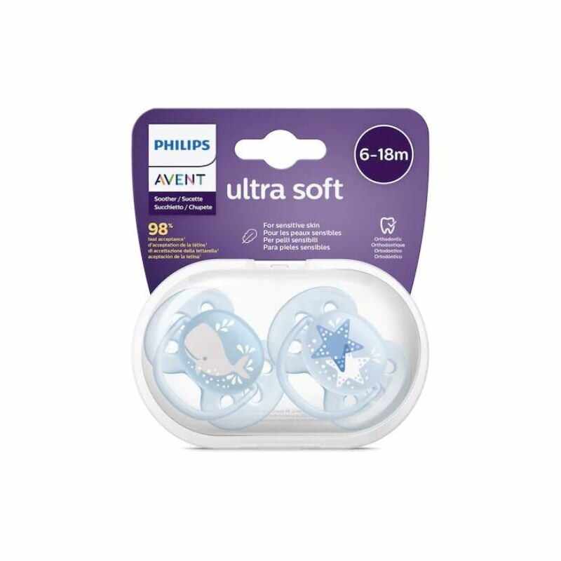 Avent SCF223/03 Ultra soft, Suzeta ultramoale si flexibila, 6-18 luni, Albastru, 2 bucati