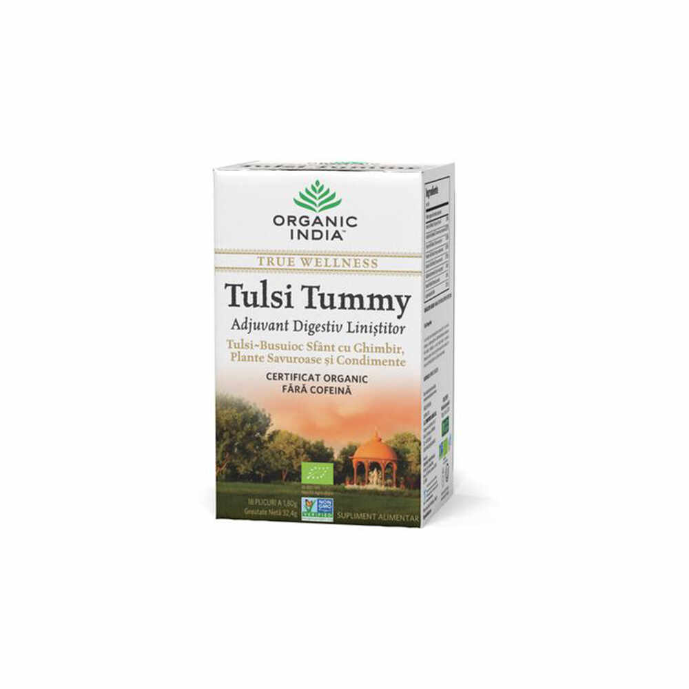 Ceai Digestiv Tulsi Tummy cu Ghimbir, Plante Savuroase și Condimente, Organic India, 18 plicuri