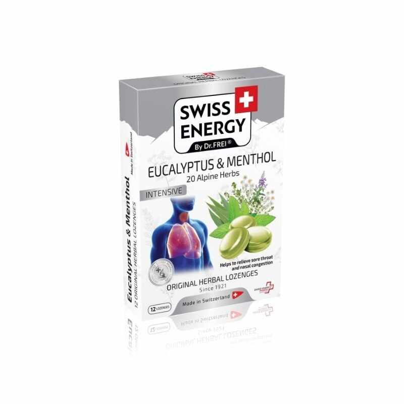 Swiss Energy pastile pentru gat cu Menta + Eucalipt + 20 de Ierburi Alpine, 12 comprimate 