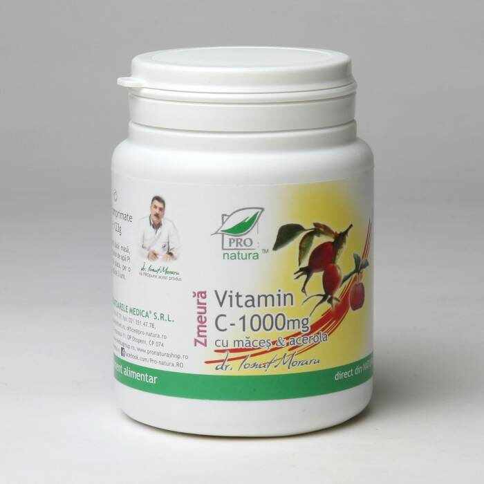Vitamina C 1000 mg cu macese si acerola - Zmeura - 100cp - Medica