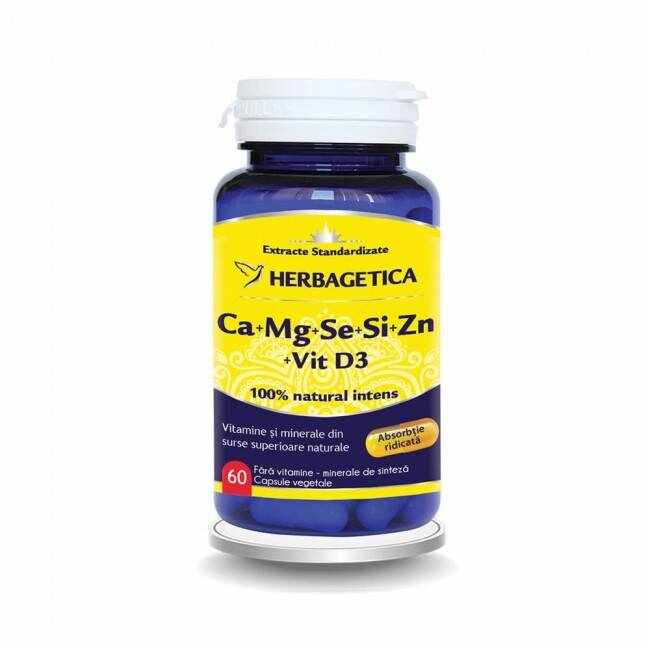 Ca+Mg+Se+Si+Zn cu vitamina D3 - Herbagetica 60 capsule