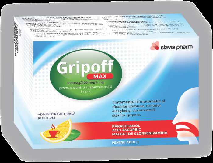 Gripoff Max 1000 mg/200mg/4mg 10 plicuri Slavia Pharm