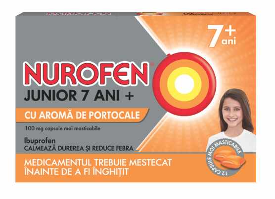 Nurofen Junior 7ani+ 100mg capsule moi masticabile aroma de portocale 12 comprimate
