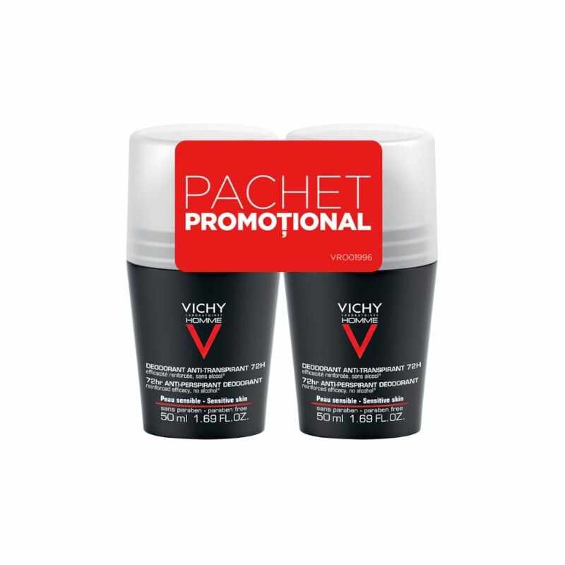 Pachet Deodorant roll-on Homme control extrem, eficacitate 72h, 50 ml, Vichy, 1+1-50%