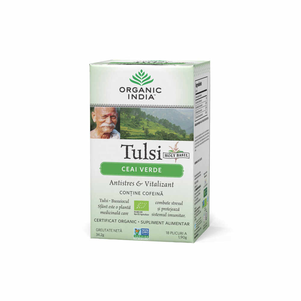 Ceai Tulsi cu Ceai Verde, Antistres Natural & Vitalizant Organic India, 18 plicuri