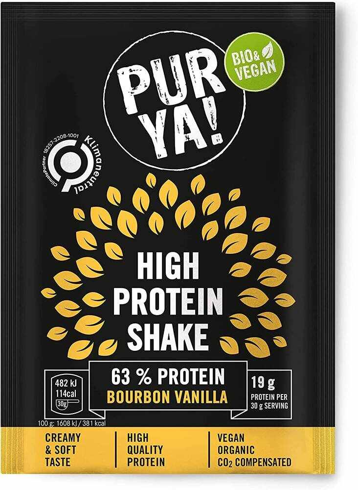 Pulbere vegana pentru shake proteic cu vanilie bourbon, 63% proteina, eco-bio, 30g (monodoza), Pur Ya