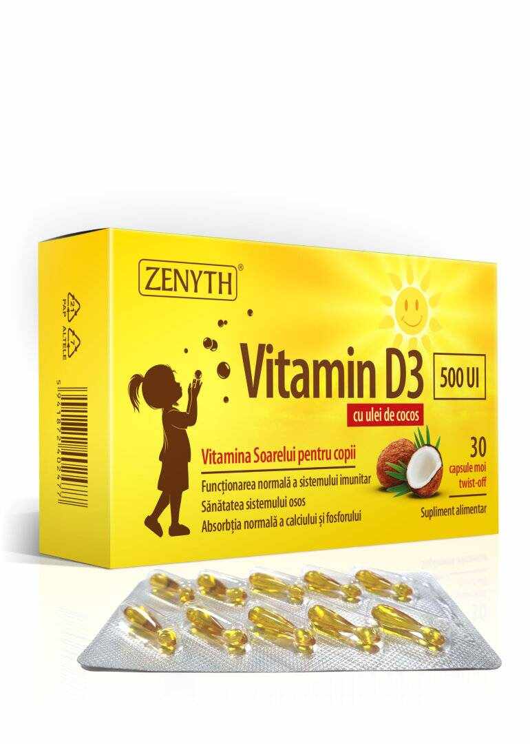 Vitamina D3 500UI - pentru copii - cu ulei de cocos MCT, 30 capsule moi twist-off, Zenyth