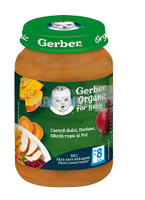 Gerber Piure Bio din cartof dulce, dovleac, sfecla rosie si pui 8 luni+ 190g