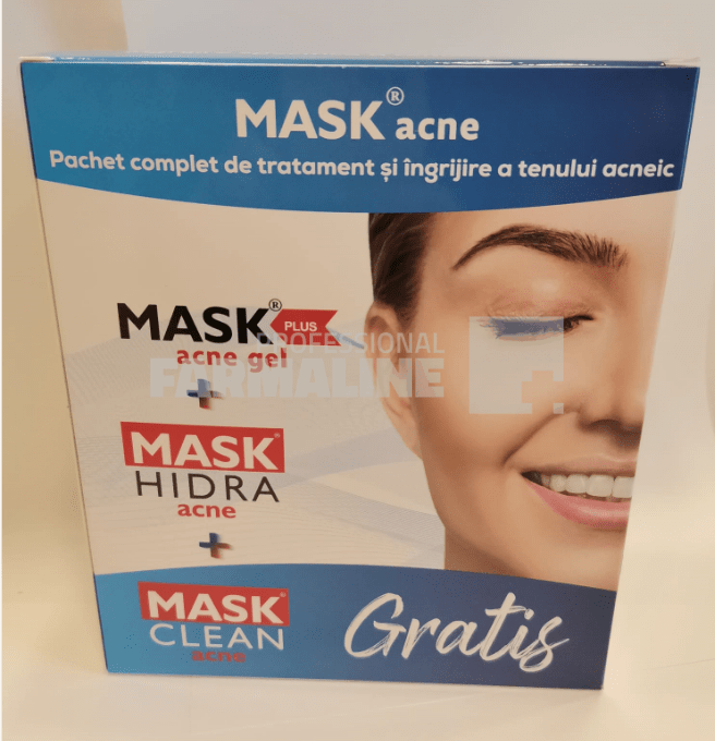 Mask Pachet Mask Plus Gel 30 ml + Mask Hidra Acne Emulsie hidratanta 50 ml + Mask Clean Acne Gel purifiant 150 ml Cadou