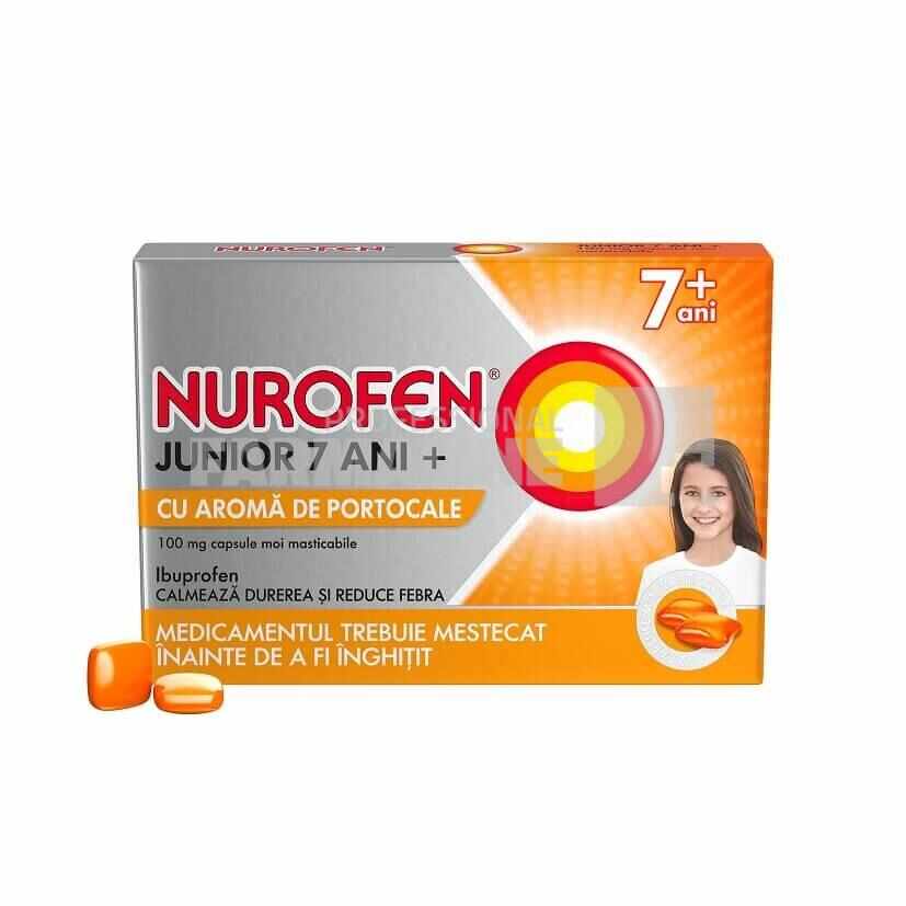 Nurofen Junior 7+ ani cu aroma de portocale 100 mg 12 capsule moi