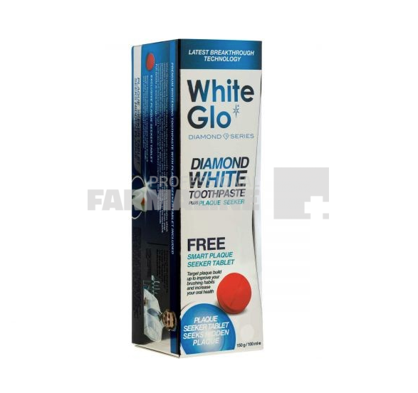White Glo Diamond Plus Plaque Seeker Pasta de dinti 60 ml + Pastila testare placa bacteriana 