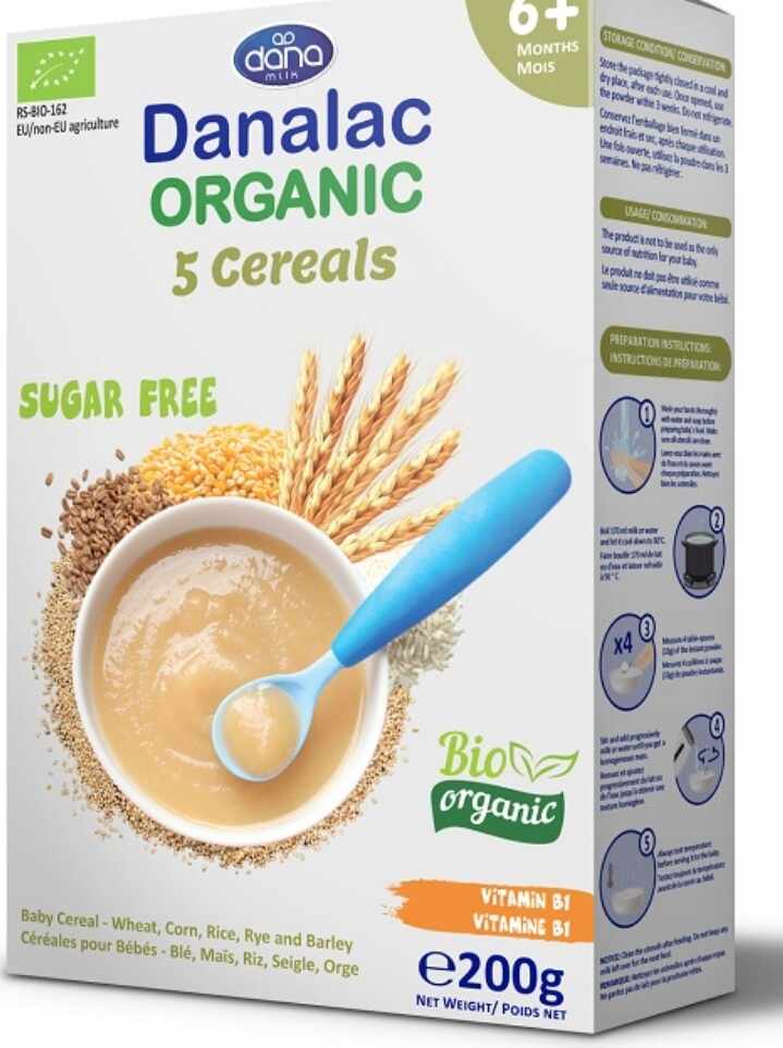 Mancare pentru bebelusi bio Organic 5 Cereale 6m+ fara zahar, 200g, Danalac