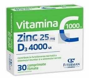 Vitamina C 1000 mg + Zn 25 mg + D3 4000UI, 30 comprimate filmate