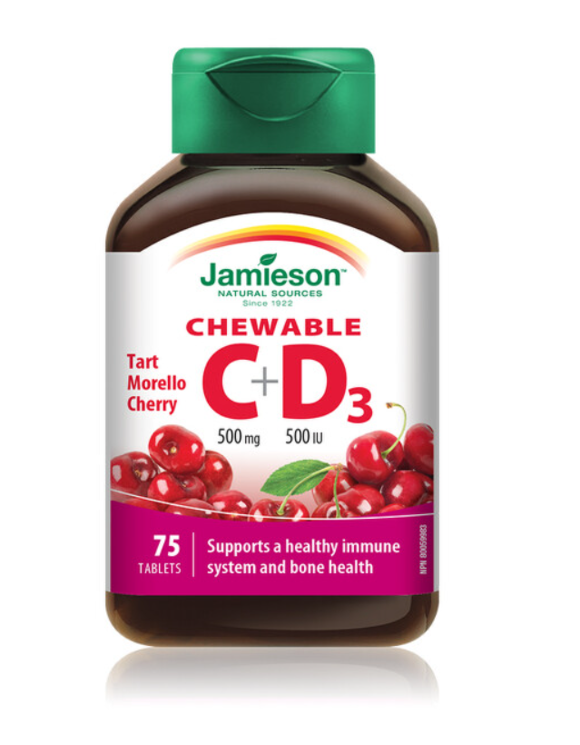 Vitamina C 500mg + Vitamina D 500 UI cu aroma de cirese, 75 tablete masticabile, Jamieson