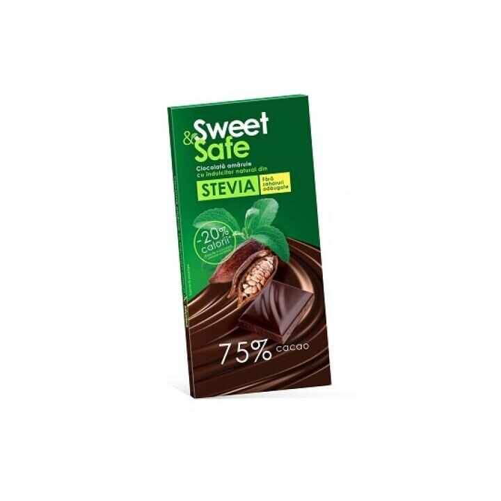 Ciocolata amaruie cu indulcitor natural de stevia Sweet&Safe, 90 g, Sly Nutritia
