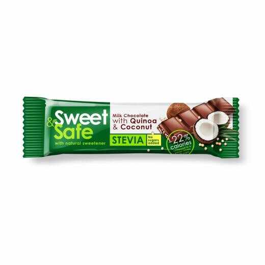 Ciocolata cu lapte si indulcitor natural de stevia Sweet&Safe, cocos si quinoa, 25 g, Sly Nutritia
