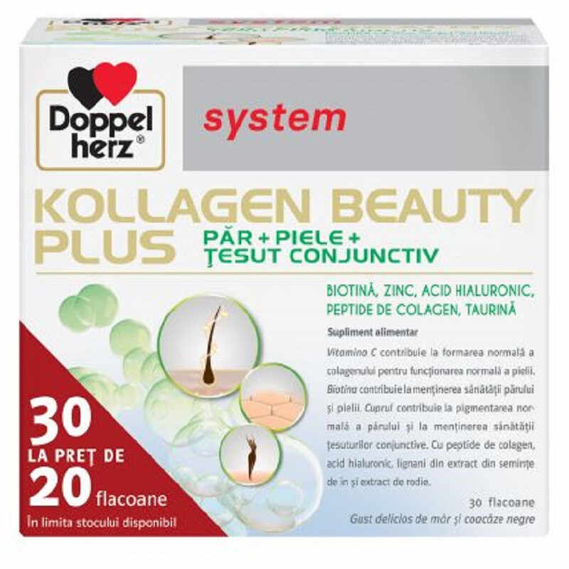 Doppelherz System Kollagen Beauty Plus Par + Piele + Tesut Conjunctiv 20 Flacoane + 10 Flacoane Cadou