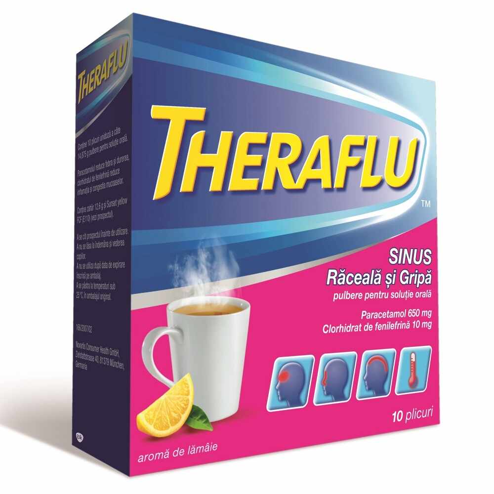 Theraflu Sinus Raceala & Gripa 650mg / 10 mg Pulbere Solutie Orala, 10 plicuri