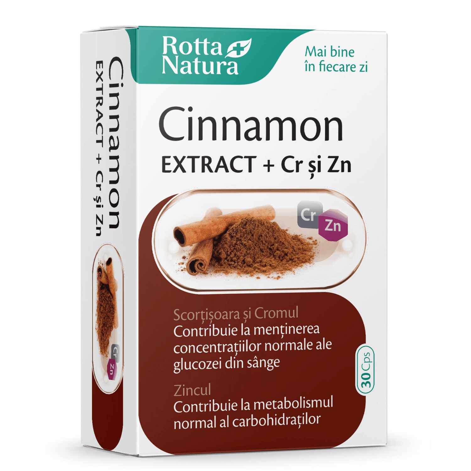 CINNAMON EXTRACT + CROM + ZINC, contribuie la mentinerea concentratiei normale de glucoza din sange, 90 cps, ROTTA NATURA