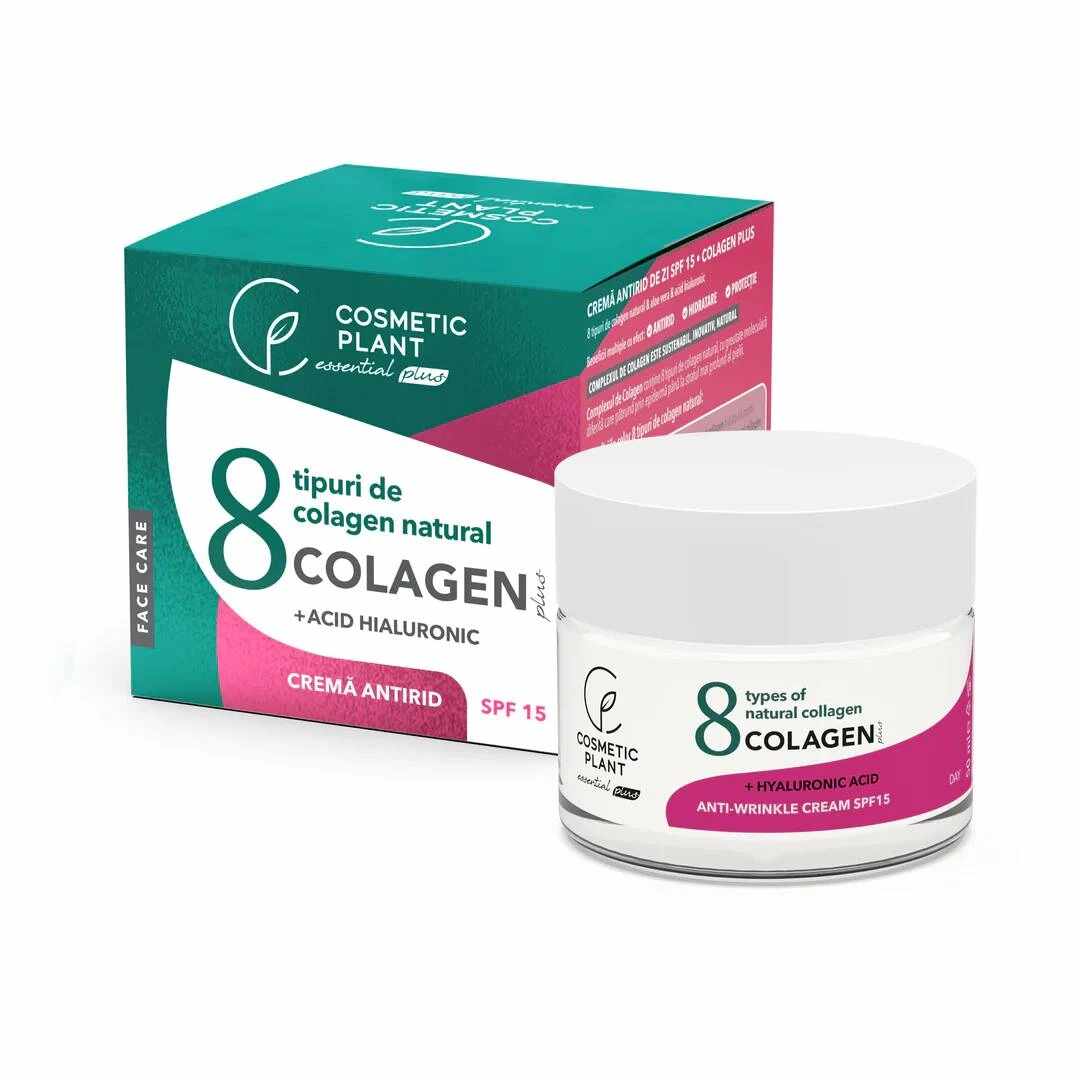 Crema antirid de zi SPF 15 COLAGEN Plus cu 8 tipuri de colagen natural, acid hialuronic si aloe vera, 50 ml, Cosmetic Plant