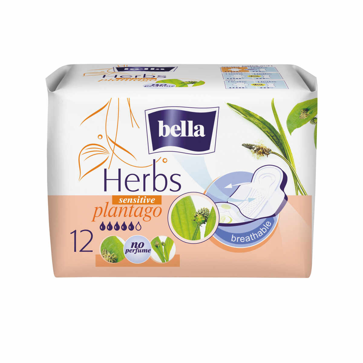 Absorbante zilnice Herbs Sensitive Patlagina, 12 bucati, Bella 