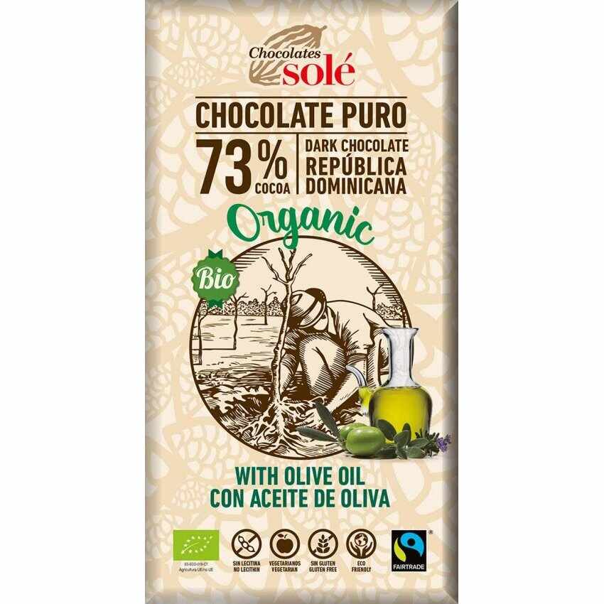 Ciocolata neagra cu 73% cacao si ulei de masline Bio, 100g, Chocolates Sole