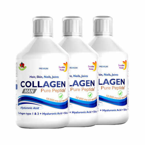 Pachet 3 x Colagen Lichid MAN pentru Bărbați – Hidrolizat Tip 1 si 3 cu 10000Mg cu 9 Ingrediente Active , 500 ml | Swedish Nutra