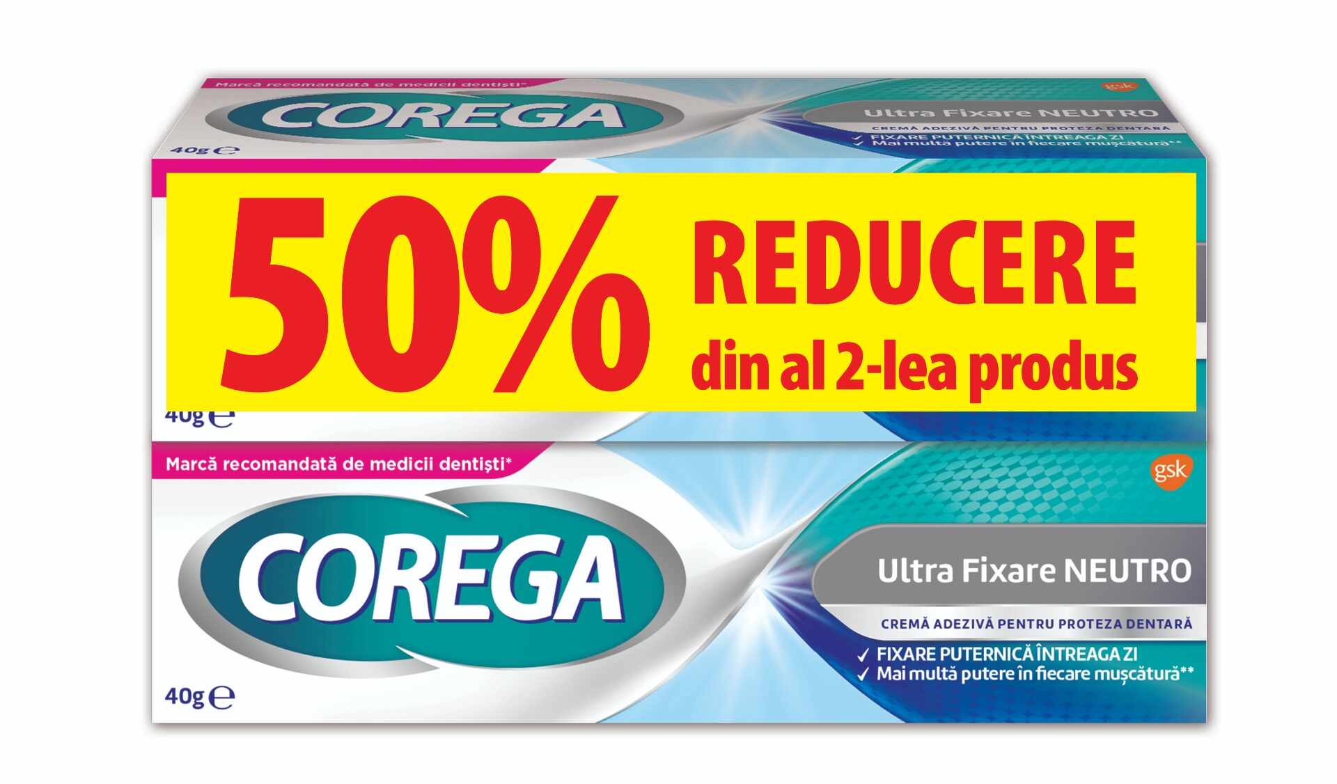 Pachet Crema adeziva pentru proteza Neutro + 50% reducere la al doilea produs, 2 x 40g, Corega