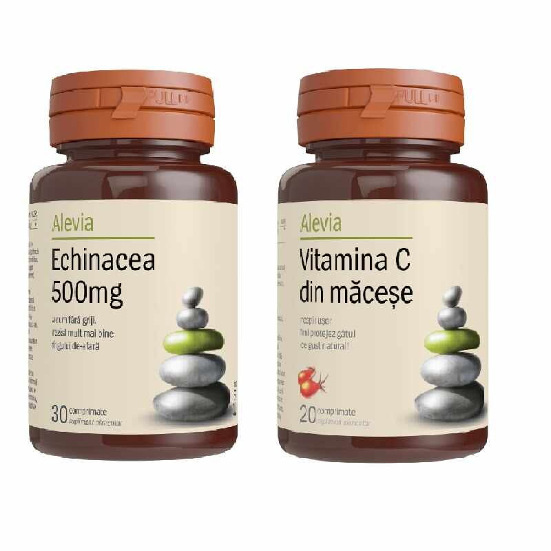 Pachet Echinaceea 500mg 30 comprimate + Vitamina C din macese 200mg 20 comprimate, Alevia