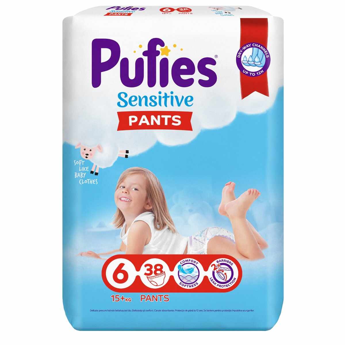Scutece-chilotel Pants Sensitive Extra Large 15+ kg Marimea 6, 38 bucati, Pufies