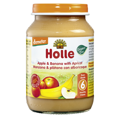 Piure din mere, banane si caise +6 luni, 190g, Holle Baby Food