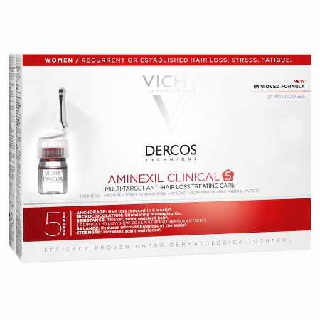 Tratament fiole impotriva caderii parului pentru femei Dercos Aminexil Clinical 5, 21x6 ml, Vichy