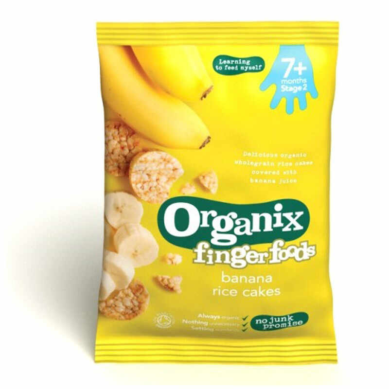 Rondele Bio din orez expandat cu suc de banane și mere FingerFood, +7 luni, 50g, Organix