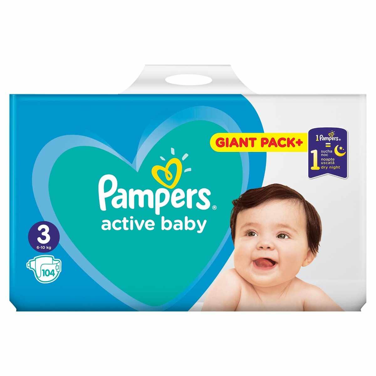 Scutece Active Baby Giant Pack marimea 3 pentru 6-10kg, 104 bucati, Pampers
